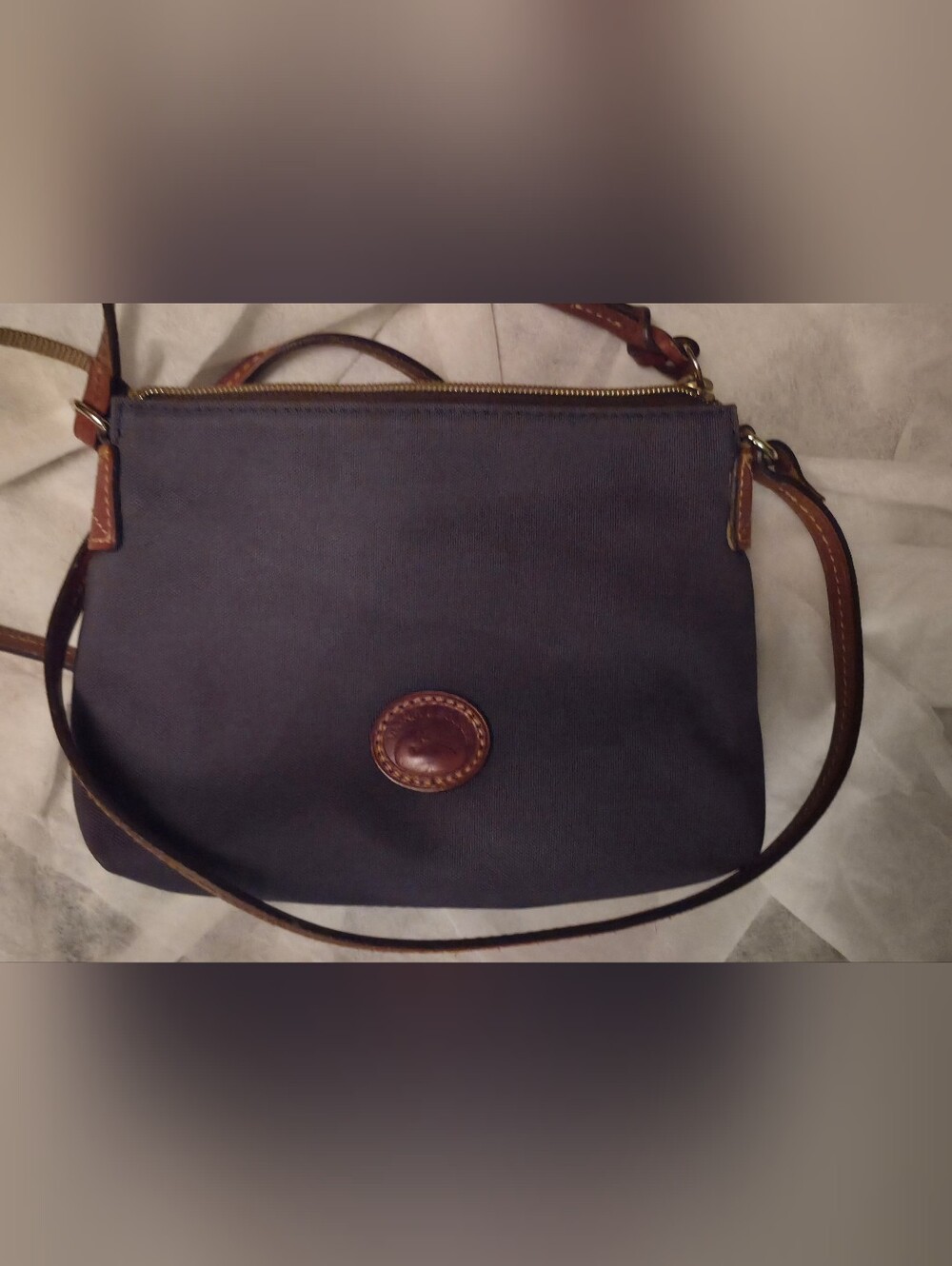 Dooney & Bourke Navy Crossbody with Brown Leather Trim and Strap